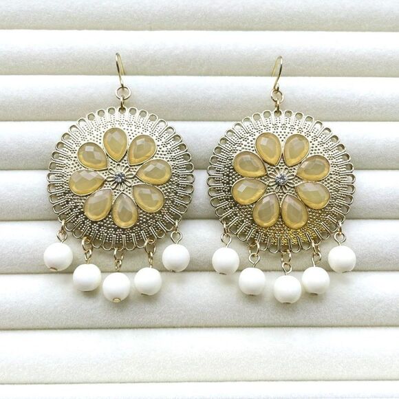Yellow Gold with Champagne Crystal and White Beaded Medallion Hook Earrings - Picture 3 of 10